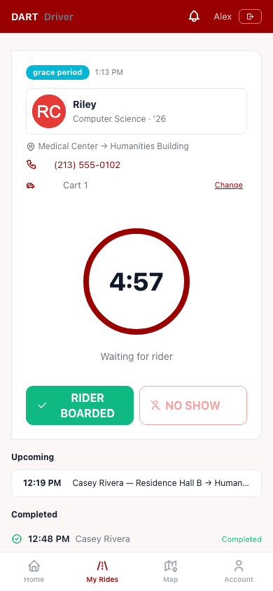 RideOps driver mobile app showing grace timer