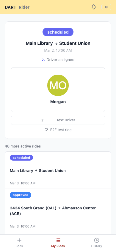 RideOps rider My Rides screen showing active ride status